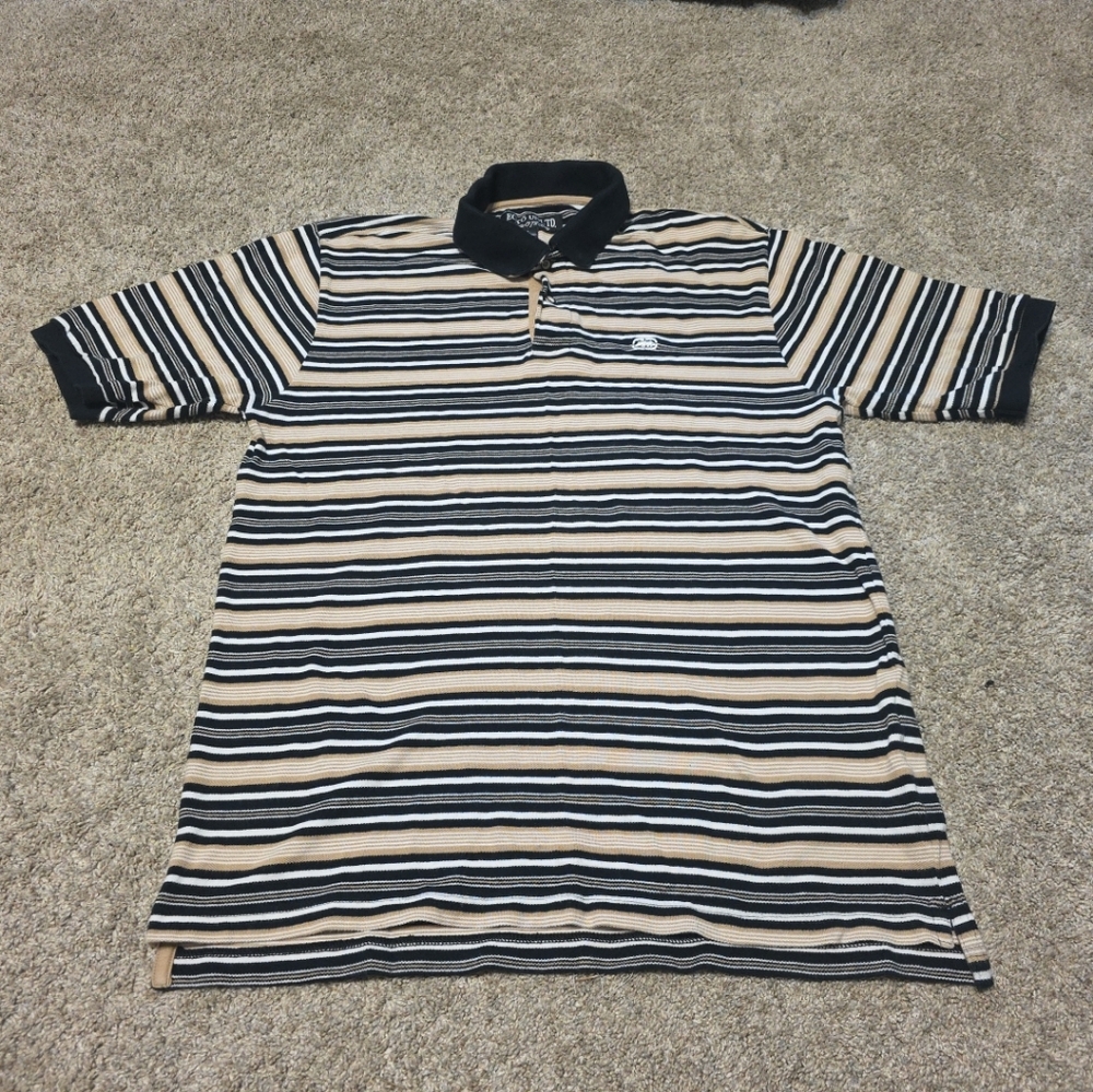 Ecko Unltd Polo Shirt Men's Large Brown Short Sleeve Striped Cotton Y2k 2000s